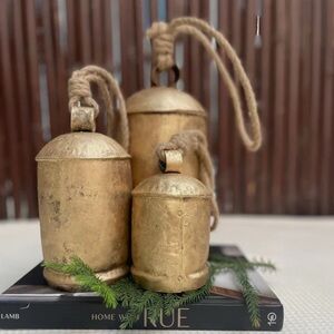 Rustic Gold Cow Bells for Christmas Decor set of 3 NIB